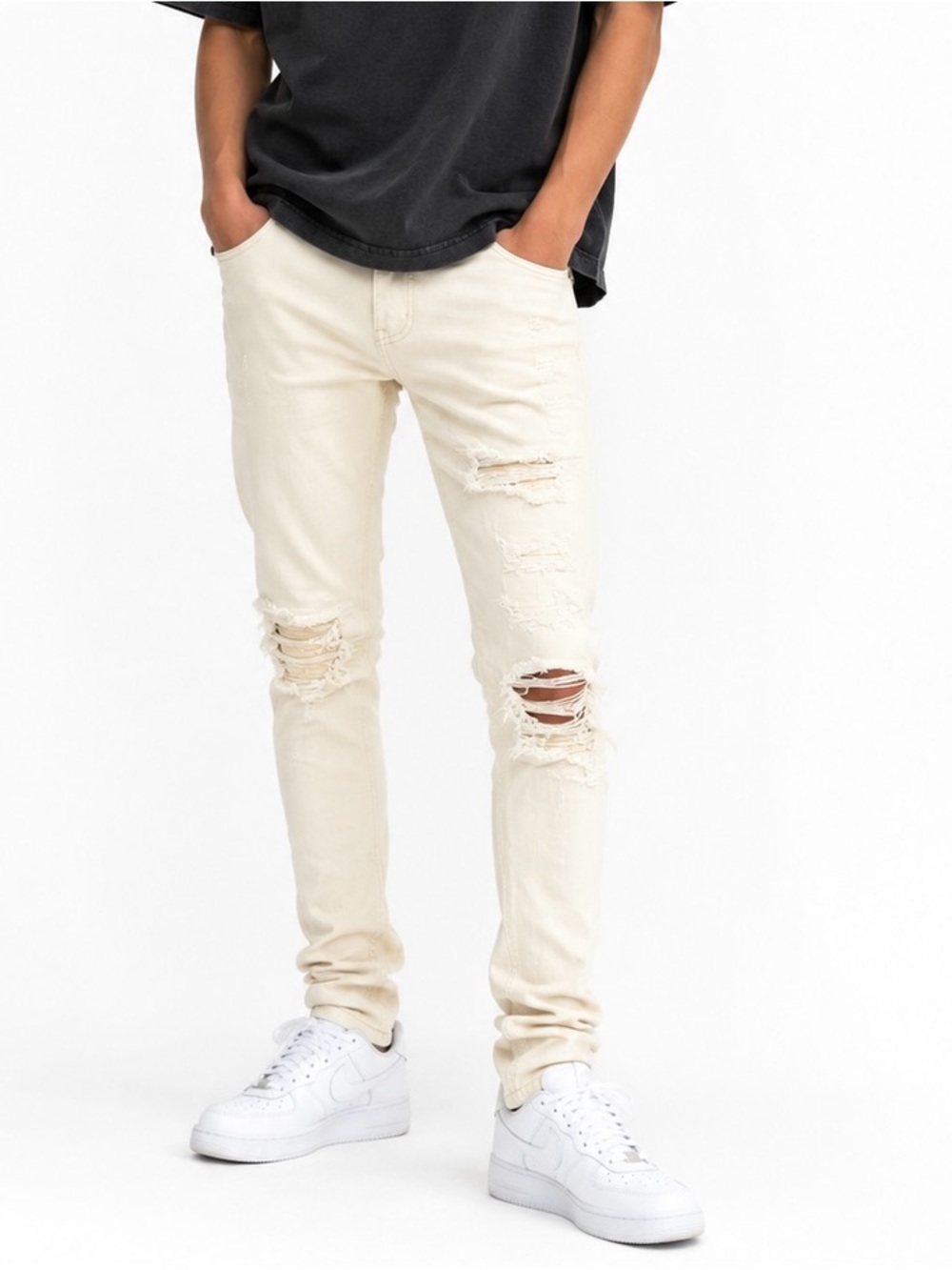 NWT rue21 Mens Supreme Flex Skinny Distressed Jeans Cream Off White Rip 26x30